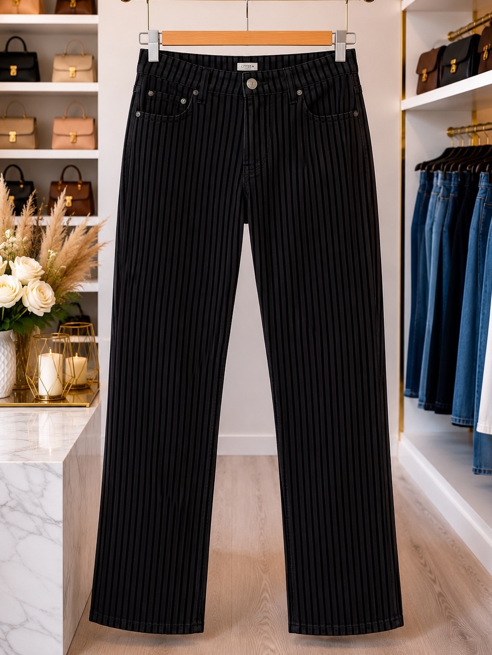 💥3/$50 Rock&Roll Denim Black Velvet Vertical Stripes | Rock Moto Casual | GUC